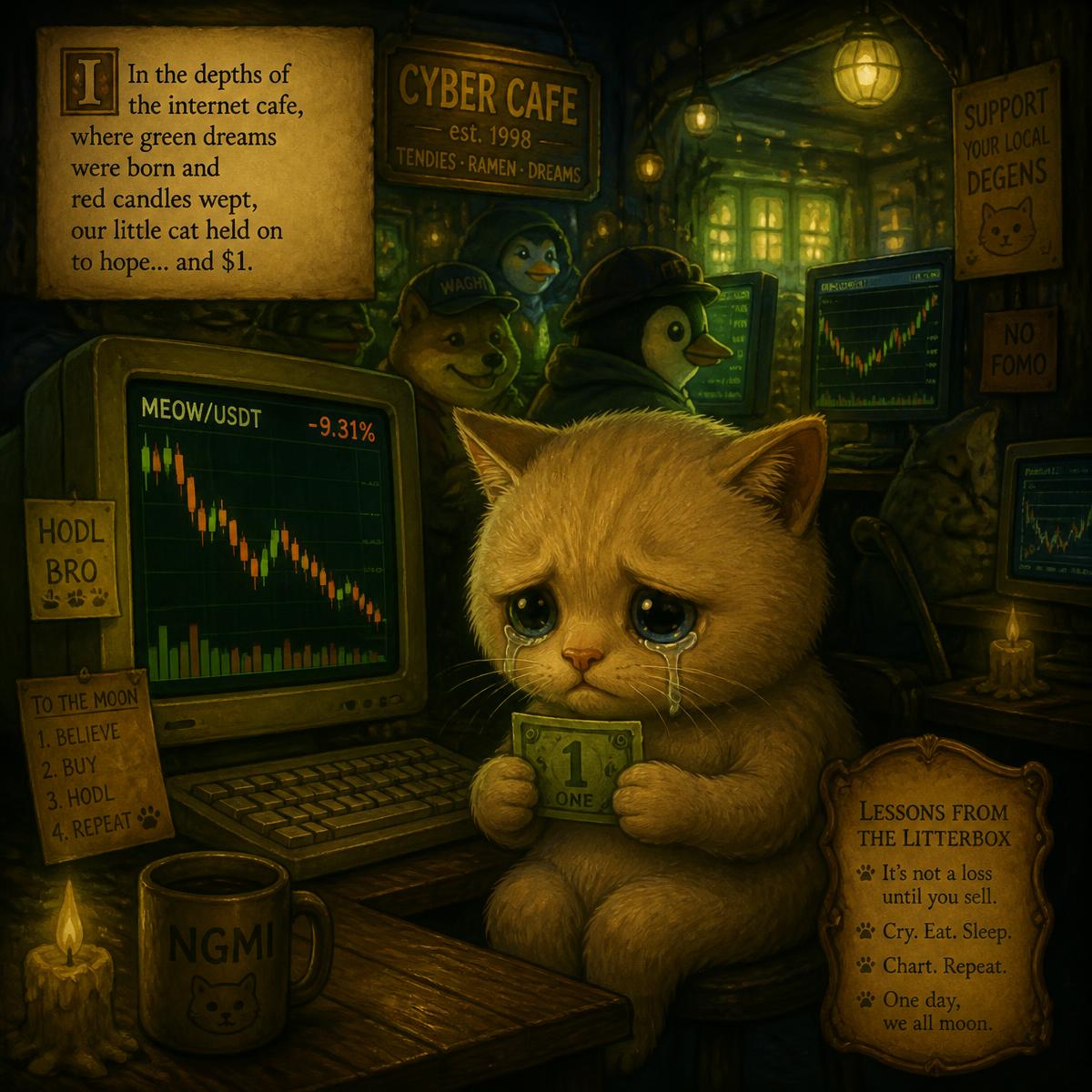 Cash Cat in a dim internet cafe watching charts