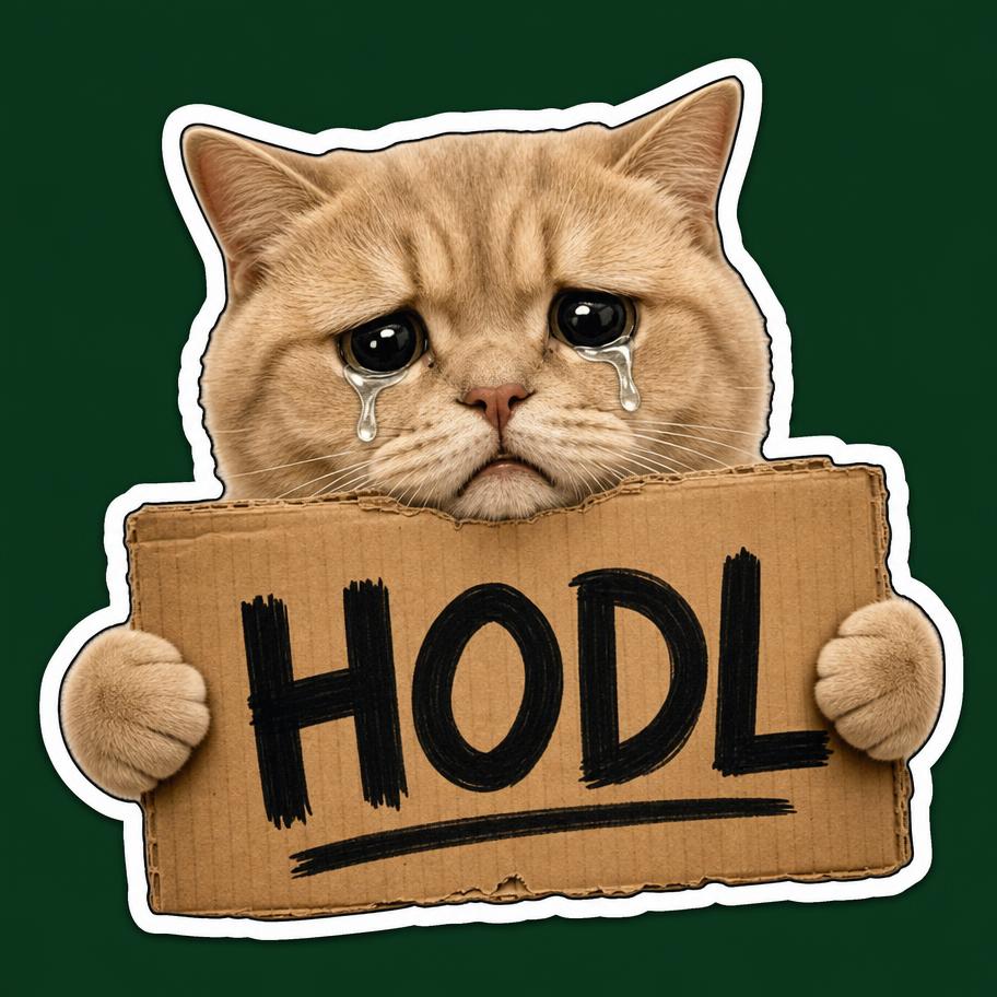 Cash Cat holding a cardboard HODL sign