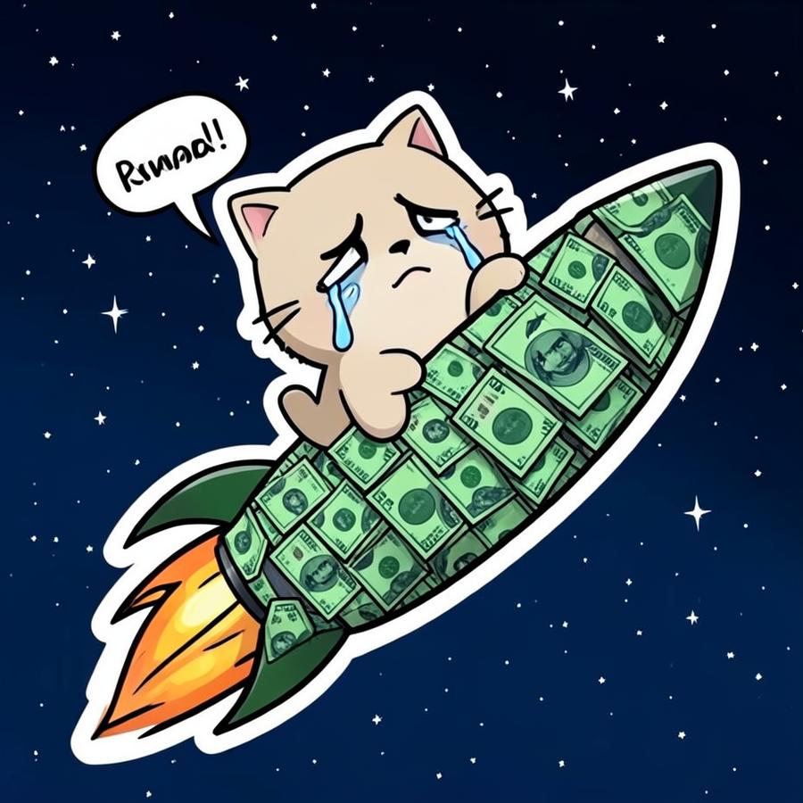 Cash Cat riding a rocket made of banknotes
