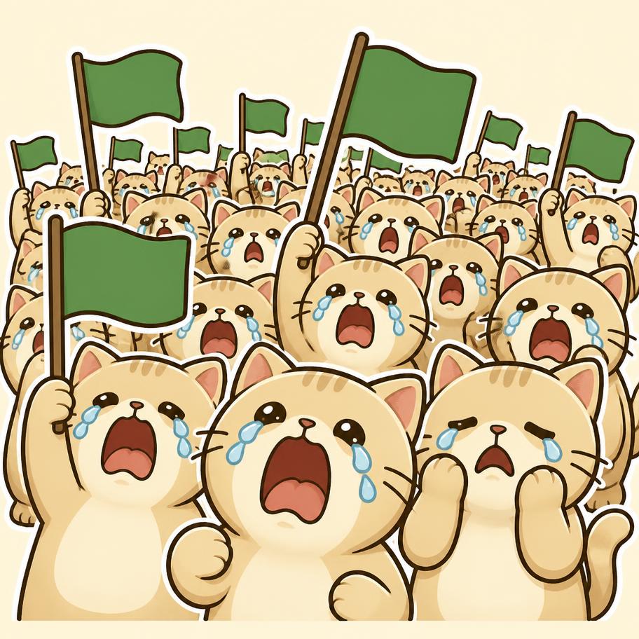 A crowd of Cash Cats waving green flags